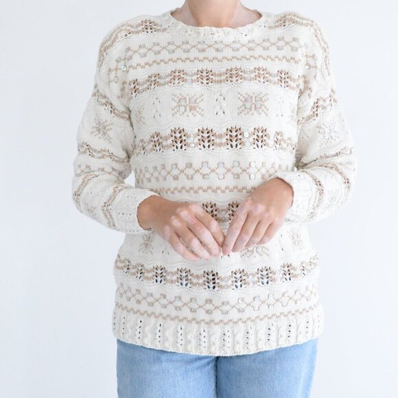 Vintage Liz Sport Cream w Tan Snowflakes Knit Beaded Crewneck Sweater M - Picture 2 of 12